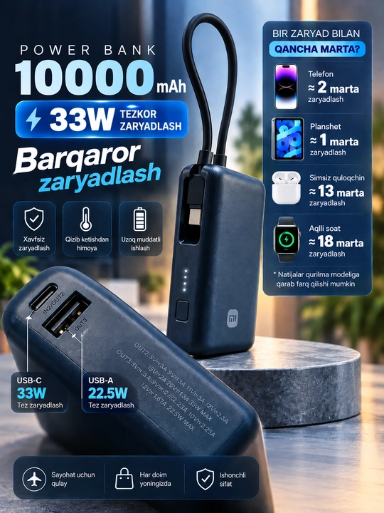Power bank,Tashqi akkumulyator MI 10000 va XIAOMI 10000 type-c kabeli bilan 3 portli