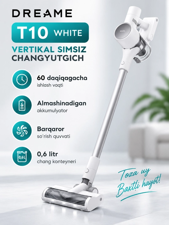 Dreame T10 White simsiz vertikal changyutgich, 60 daqiqagacha ishlash, 0,6 l konteyner - 