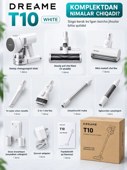 Dreame T10 White simsiz vertikal changyutgich, 60 daqiqagacha ishlash, 0,6 l konteyner