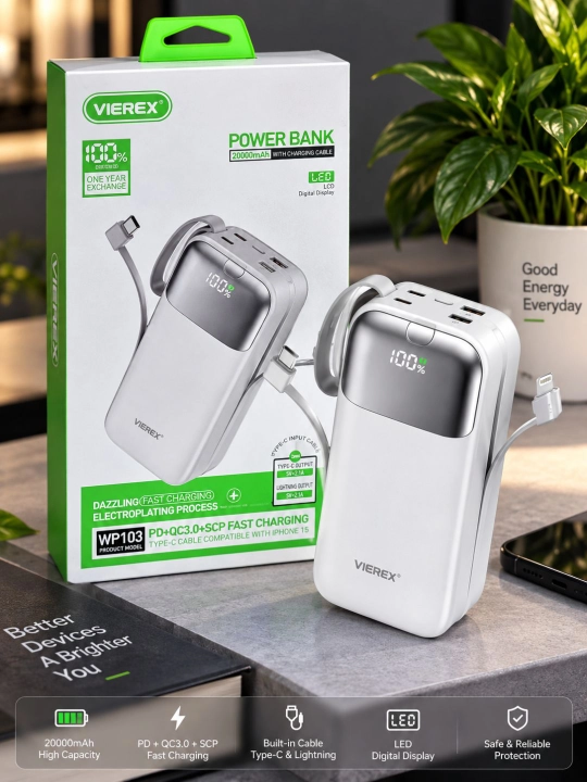 Power Bank VIEREX VP103 30000 мАч, быстрая зарядка 20W встроенные TypeC и Lightning кабели - 