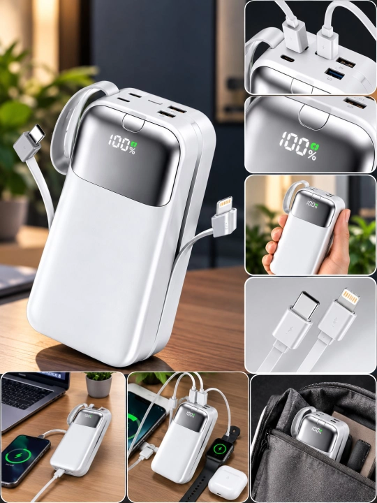 VIEREX VP103 Power Bank 30000 mAh, 20W tezkor zaryad, ichki Type-C va Lightning kabelli
