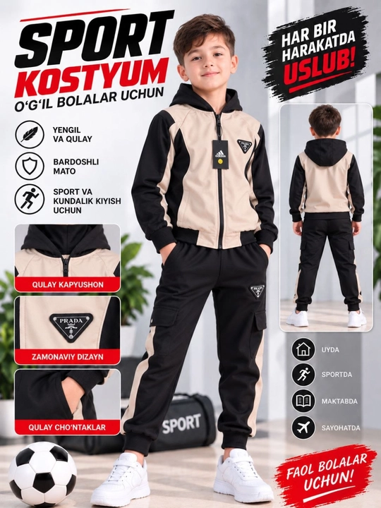 O‘g‘il bolalar sport kostyumi, kapyushonli kurtka va shim komplekt