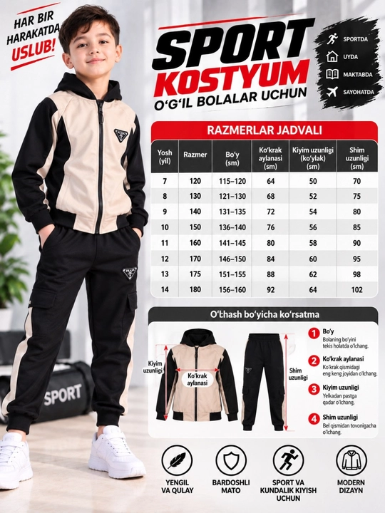 O‘g‘il bolalar sport kostyumi, kapyushonli kurtka va shim komplekt