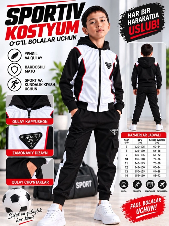 O‘g‘il bolalar sport kostyumi, kapyushonli kurtka va shim komplekt