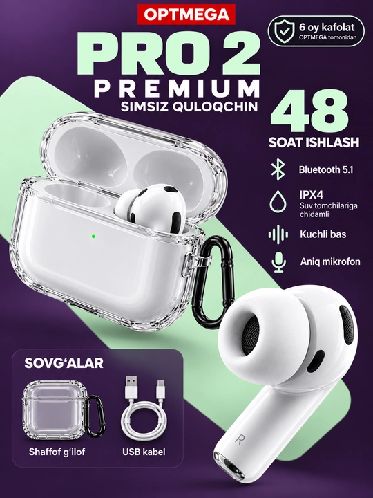 Simsiz quloqchinlar Pro 2 Premium, iPhone va Android uchun sensorli naushnik