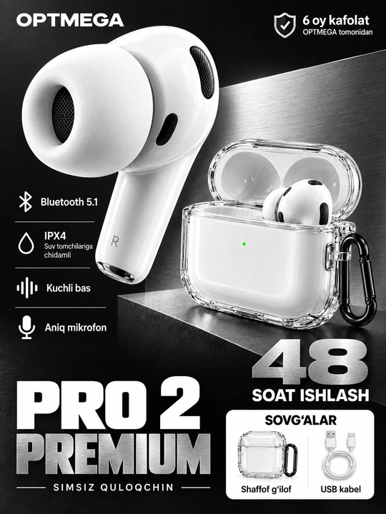 Simsiz quloqchinlar Pro 2 Premium, iPhone va Android uchun sensorli naushnik - 