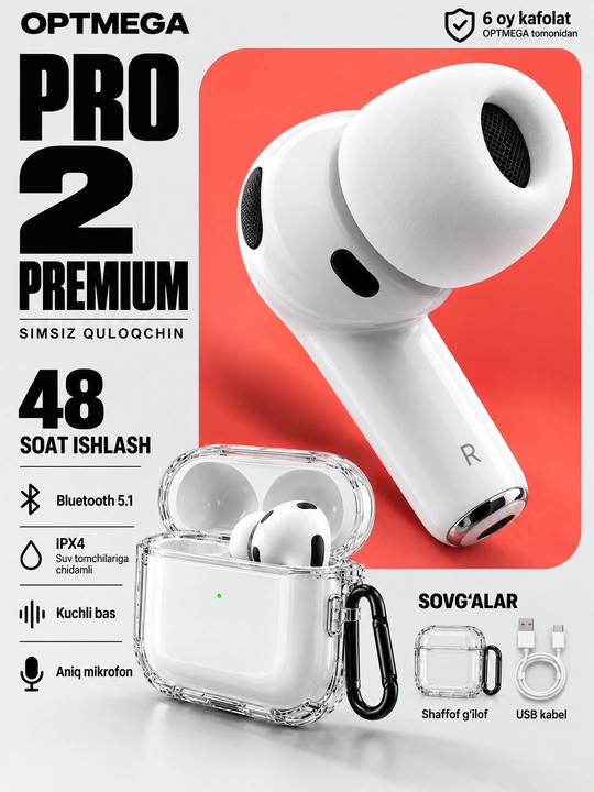 Simsiz quloqchinlar Pro 2 Premium, iPhone va Android uchun sensorli naushnik - 