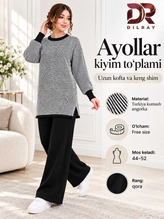 Ayollar uchun angorka ikki qismli kiyim to‘plami, kofta va shim - 