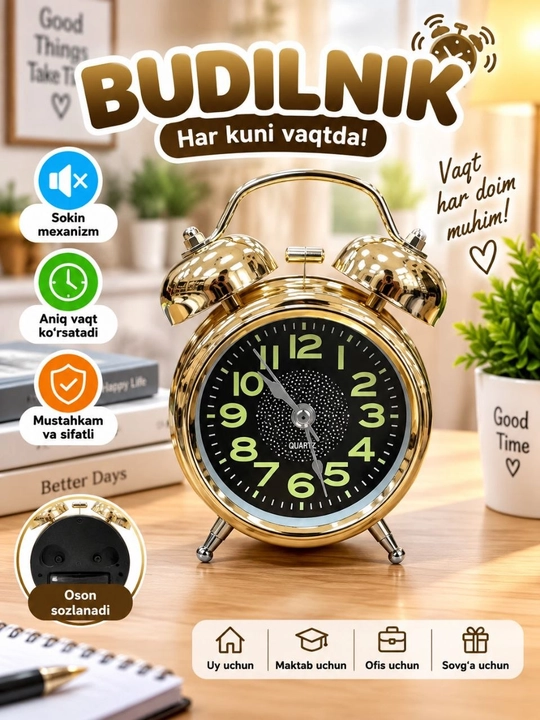 Budilnik soat, klassik stol usti uyg‘otgich, qo‘ng‘iroqli mexanik dizayn - 
