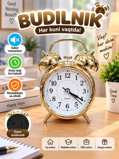 Budilnik soat, klassik stol usti uyg‘otgich, qo‘ng‘iroqli mexanik dizayn - 