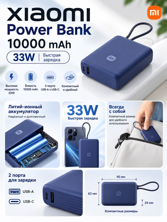 Power bank,Tashqi akkumulyator MI 10000 va XIAOMI 10000 type-c kabeli bilan 3 portli