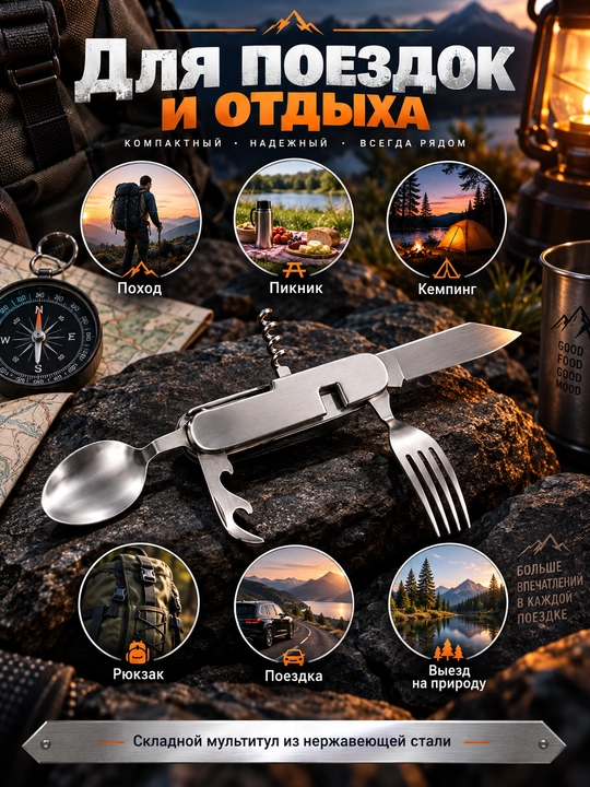 Sayohat uchun multitool 6 в 1 piknik nabor zanglamas po‘lat qoshiq, vilka, pichoq, ochgich - 