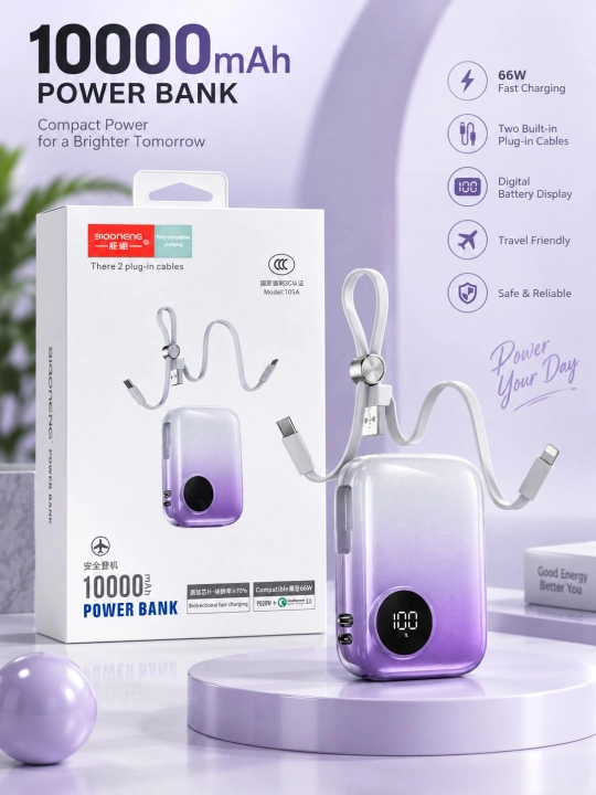 BIAONENG 105A Power Bank 10000 mAh, 22.5W tezkor zaryad, ichki Type-C va Lightning kabelli - 