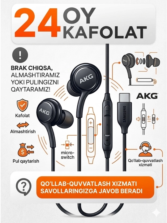 Samsung Type-C AKG quloqchinlari - kuchli ovoz va mikrofonga ega zamonaviy quloqchinlar - 