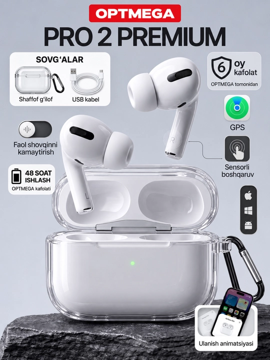 Simsiz quloqchinlar Pro 2 Premium, iPhone va Android uchun sensorli naushnik - 