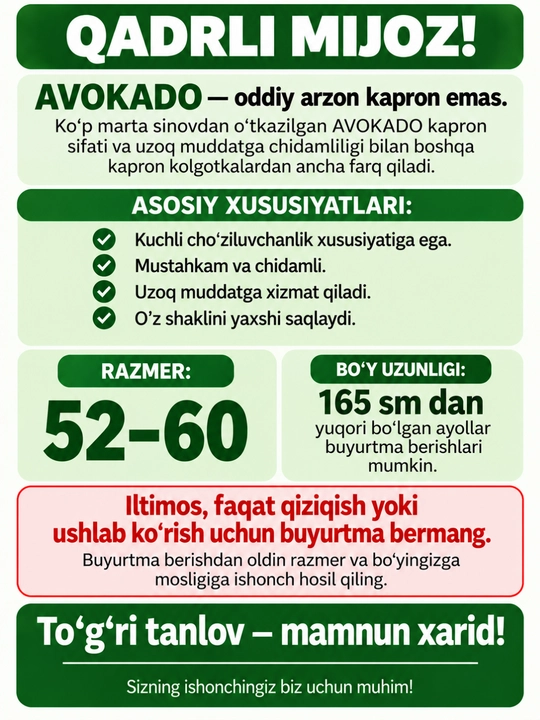 Katta o'lcamli kapron kalgotkalar, ayollar uchun kapron kalgotkalar, avakado kalgotka