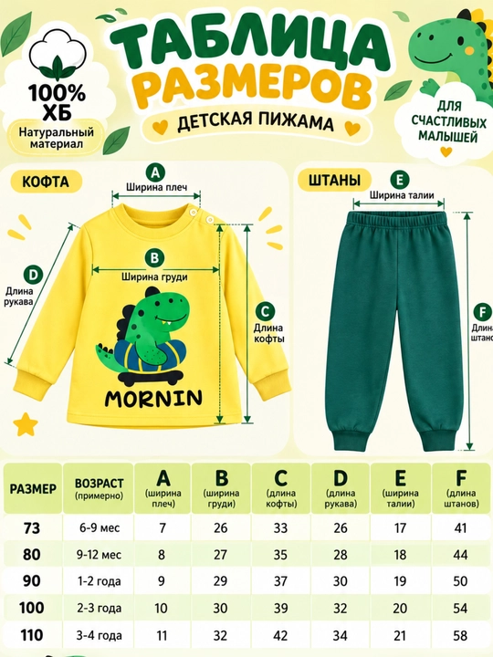 Пижама для мальчиков и девочек, 100% хлопок