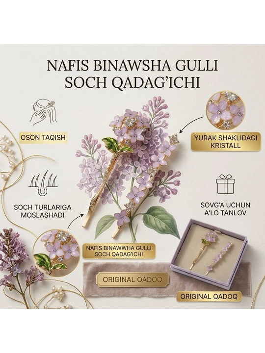 Nafis binafsha gulli soch qadag‘ichi, kristalli ayollar va qizlar uchun go‘zal soch bezagi - 