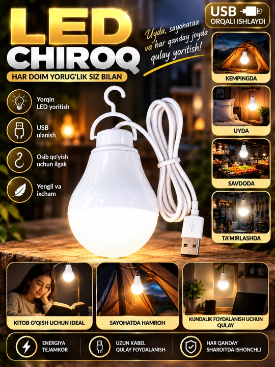 USB orqali ishlaydigan osma LED chiroq, ilgakli, kitob o‘qish va uy uchun qulay lampa - 