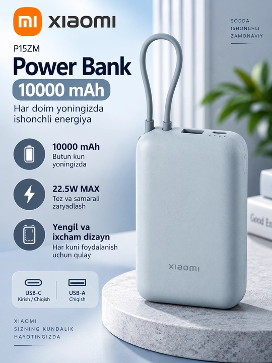 Power bank,Tashqi akkumulyator MI 10000 va XIAOMI 10000 type-c kabeli bilan 3 portli