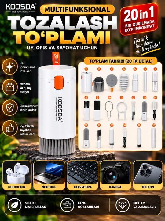 KOOSDA 20 in 1 universal tozalash to‘plami, telefon, quloqchin va klaviatura uchun - 