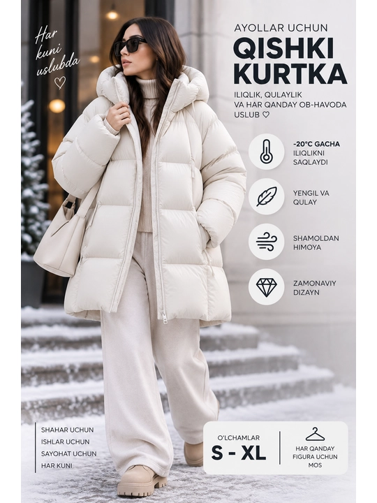 Ayollar uchun qishki kurtka, kapyushonli issiq puxovik, oversayz S–XL, -20°C gacha - 