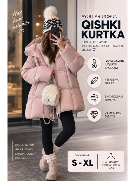 Ayollar uchun qishki kurtka, kapyushonli issiq puxovik, oversayz S–XL, -20°C gacha - 