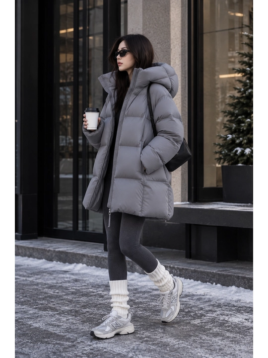 Ayollar uchun qishki kurtka, kapyushonli issiq puxovik, oversayz S–XL, -20°C gacha