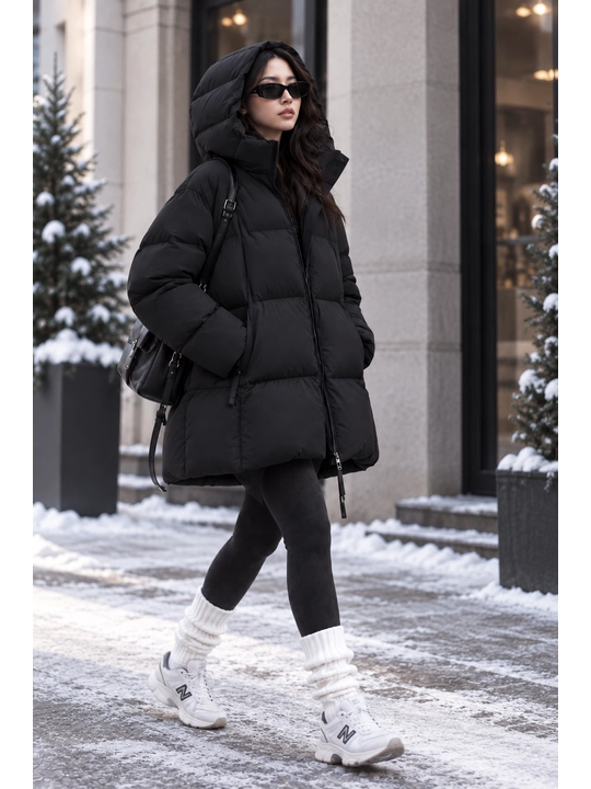 Ayollar uchun qishki kurtka, kapyushonli issiq puxovik, oversayz S–XL, -20°C gacha