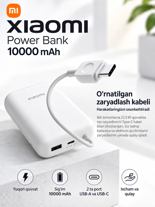 Power bank,Tashqi akkumulyator MI 10000 va XIAOMI 10000 type-c kabeli bilan 3 portli