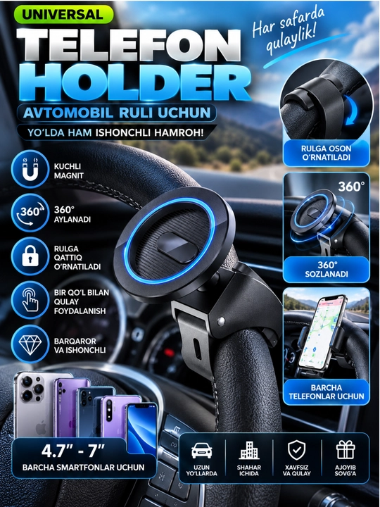 Universal magnitli telefon holderi, avtomobil ruliga qisqich bilan o‘rnatiladi, 360° - 