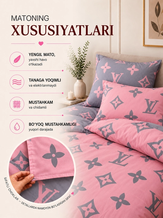 Ikki kishilik karavot uchun choyshab to‘plami, choyshab va 2 ta yostiq jildi, paxta