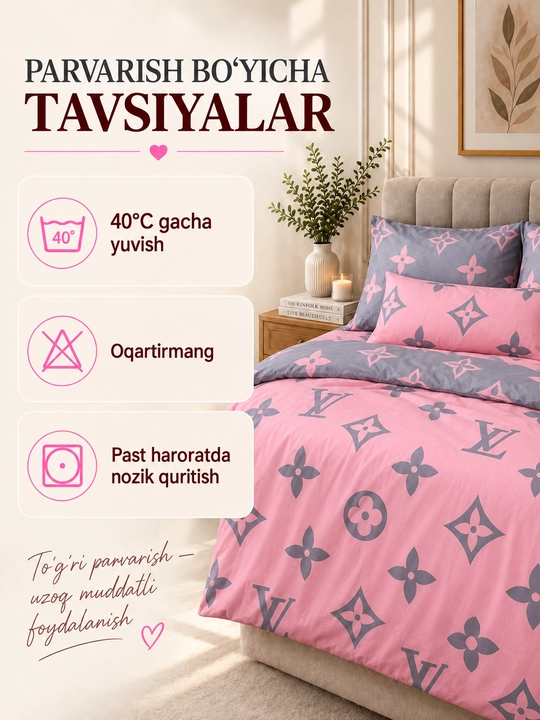 Ikki kishilik karavot uchun choyshab to‘plami, choyshab va 2 ta yostiq jildi, paxta
