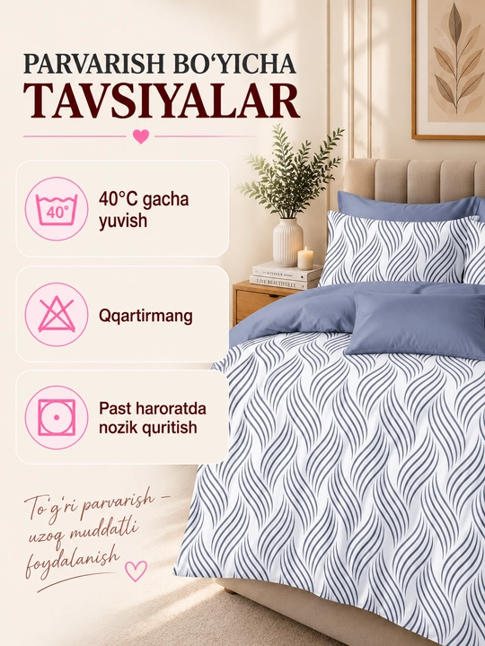 Ikki kishilik karavot uchun choyshab to‘plami, choyshab va 2 ta yostiq jildi, paxta