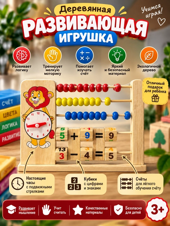 Деревянная развивающая игрушка-счёты с кубиками и часами - 