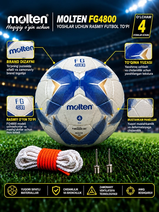 Futbol to‘pi Molten FG4800, mashg‘ulot uchun, 4-o‘lcham, oq-ko‘k