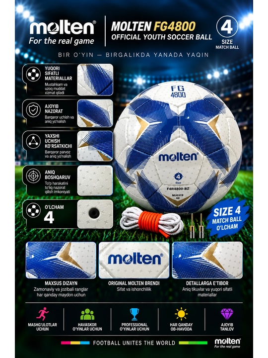 Futbol to‘pi Molten FG4800, mashg‘ulot uchun, 4-o‘lcham, oq-ko‘k