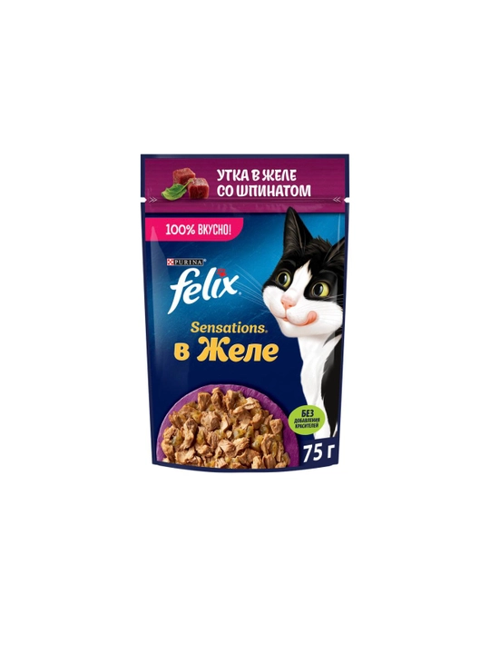 Felix Sensations влажный корм для кошек, утка в желе со шпинатом, 75 гр, 5 шт - 
