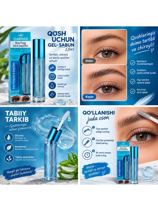 Gabrini Brow Fixing qosh geli, sovun effekti, fiksatsiya qiluvchi shaffof gel