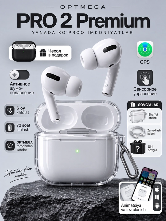 Simsiz quloqchinlar Pro 2 Premium, iPhone va Android uchun sensorli naushnik - 
