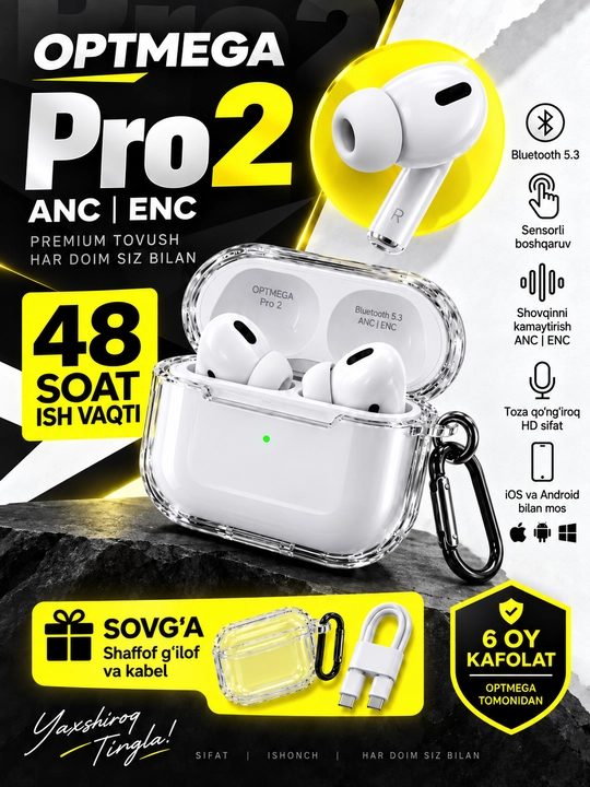 Simsiz quloqchinlar Pro 2 Premium, iPhone va Android uchun sensorli naushnik - 