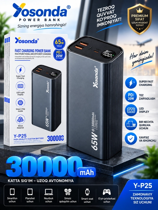 Yosonda Y-P25 Power Bank 30000 mAh 65W PD 20W tez zaryadlovchi LED displey qudratli tashqi - 