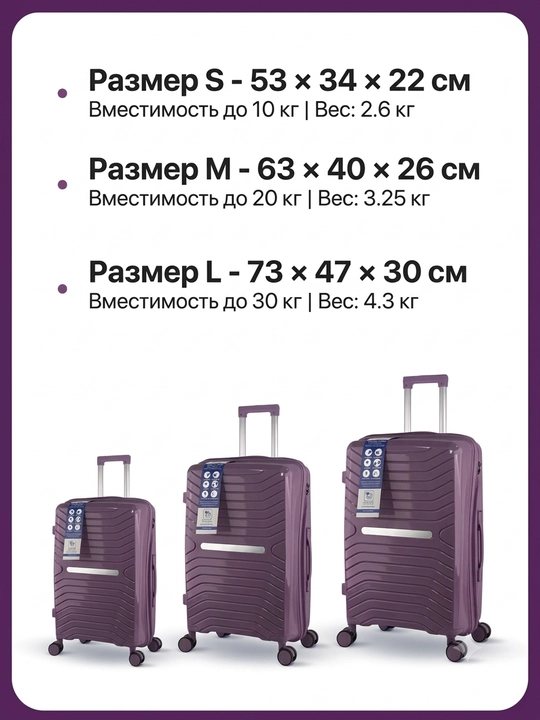 Чемодан для путешествий, полипропиленовый, 360° колёса, кодовый замок, 3 размера, 8 цветов