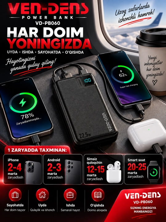 VEN-DENS VD-PB060 Power Bank 10000 mAh 22.5W tez zaryadlovchi tashqi akkumulyator