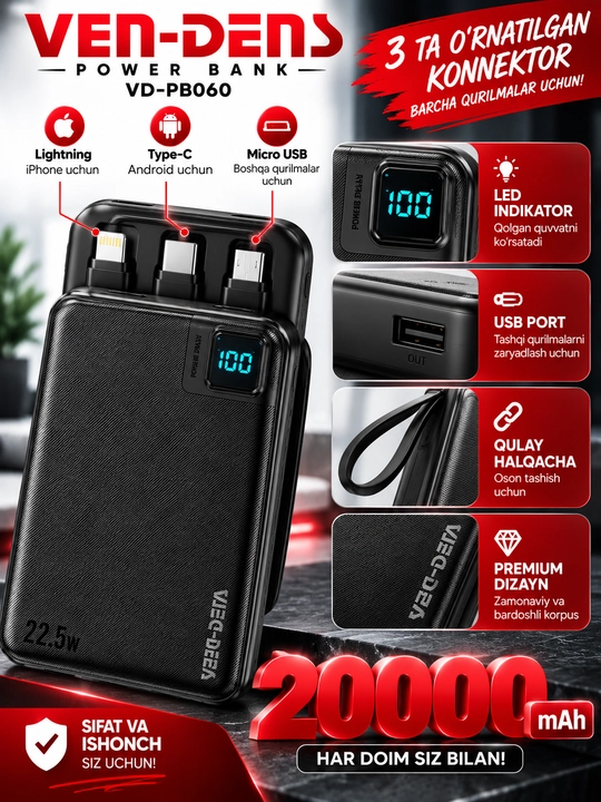 VEN-DENS VD-PB060 Power Bank 10000 mAh 22.5W tez zaryadlovchi tashqi akkumulyator