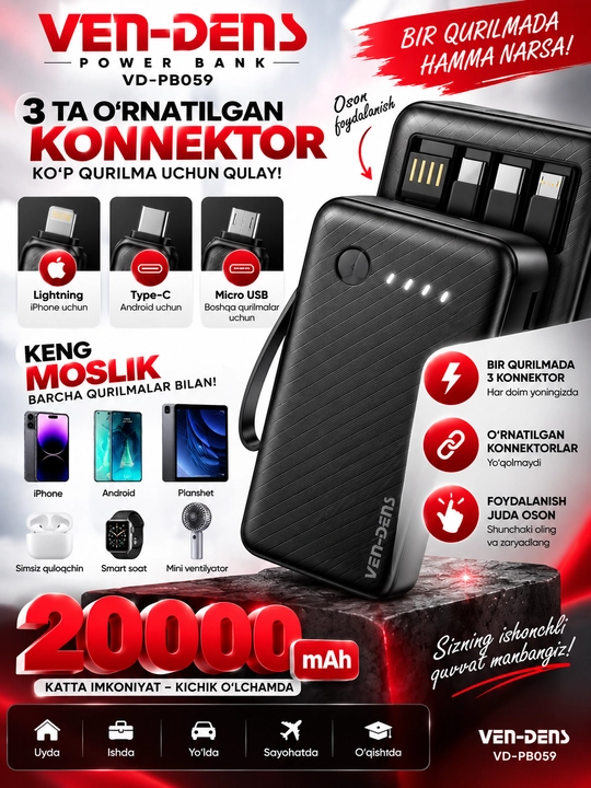 VEN-DENS VD-PB060 Power Bank 10000 мАч 22.5W быстрая зарядка внешний аккумулятор