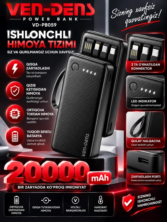VEN-DENS VD-PB060 Power Bank 10000 мАч 22.5W быстрая зарядка внешний аккумулятор