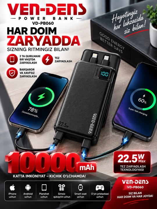 VEN-DENS VD-PB060 Power Bank 10000 мАч 22.5W быстрая зарядка внешний аккумулятор