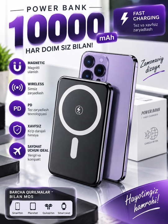 Power Bank 10000 mAh 22.5W tez zaryadlovchi tashqi akkumulyator Type-C LED - 