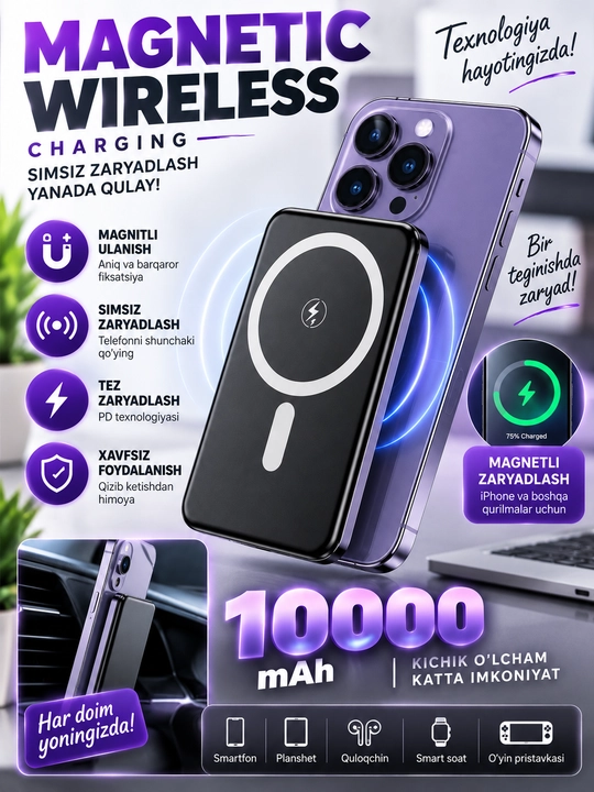 Power Bank 10000 mAh 22.5W tez zaryadlovchi tashqi akkumulyator Type-C LED